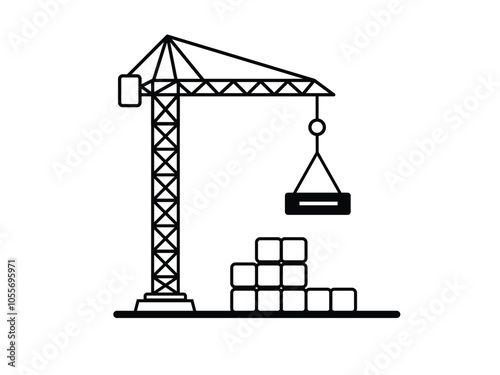 Black and white outline illustration of a construction crane lifting a load, symbolizing construction, industrial work, and heavy machinery.