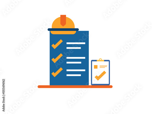 Vector illustration of a construction checklist icon in flat design, featuring a hard hat, check marks, and a clipboard, symbolizing safety and planning.