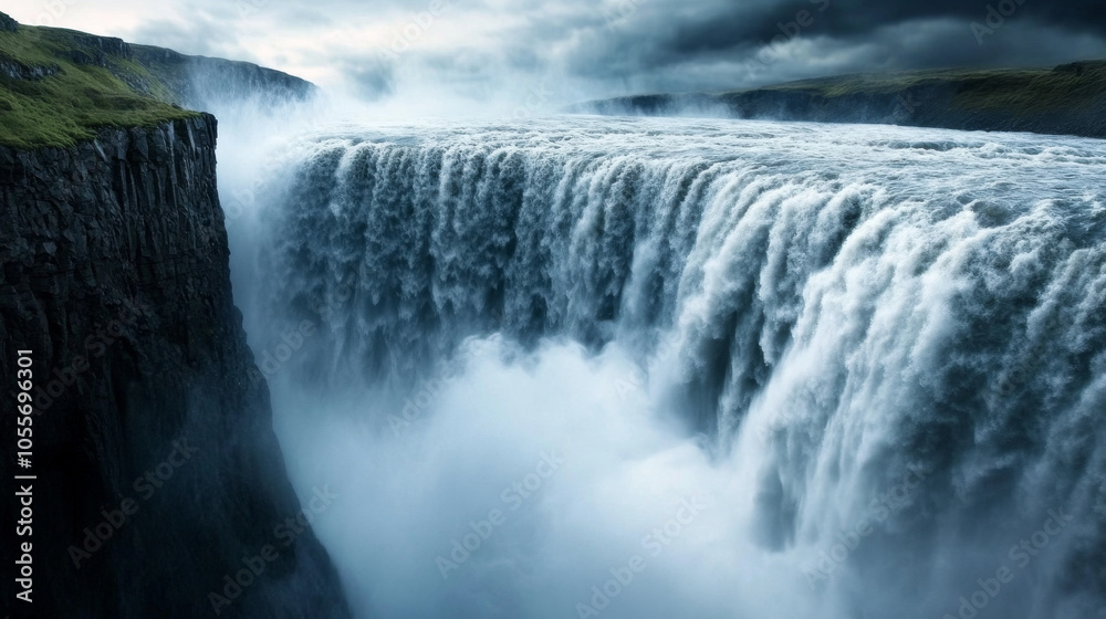 The towering Dettifoss waterfall, with its powerful water cascading into the canyon below, creating mist. The towering Dettifoss waterfall, with its powerful water cascading into the canyon below, creating mist.