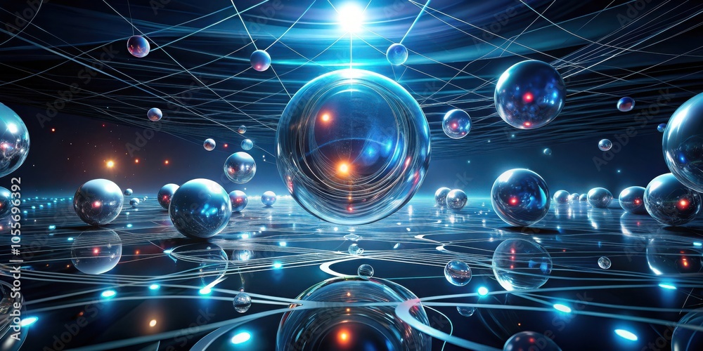 Fototapeta premium Futuristic Abstract Composition with Glowing Spheres and Lines in Dark Space