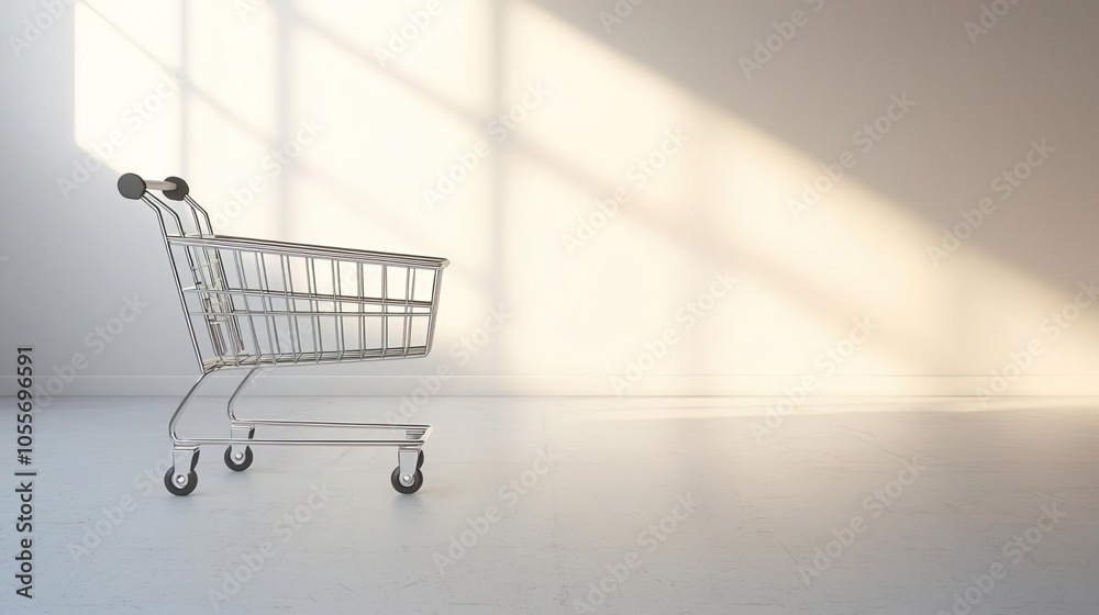 Single empty cart in bright, minimal studio with soft shadows, futuristic and modern design, representing minimal consumer needs Single empty cart in bright, minimal studio with soft shadows, futuristic and modern design, representing minimal consumer needs