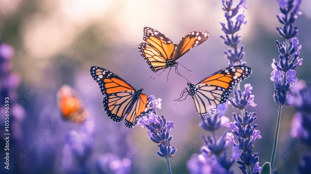 Obraz premium Three butterflies fluttering among lavender flowers in a serene, natural setting.