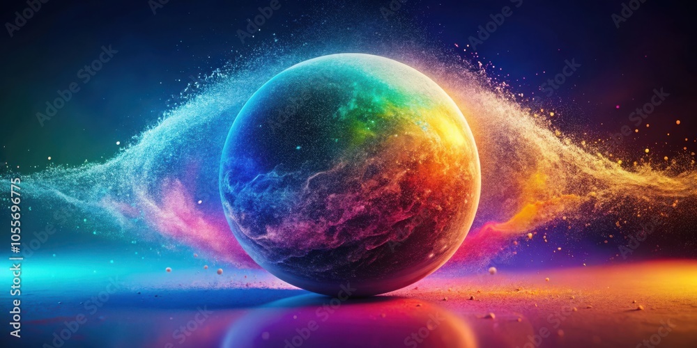 Fototapeta premium Abstract sphere dissolving into dust on colorful gradient background for design projects