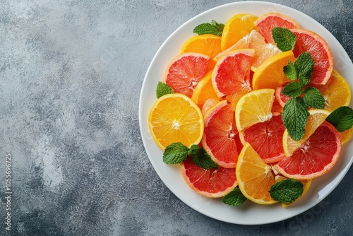 An overhead view of a citrus salad with oranges, grapefruits, and mint leaves on a white plate, with ample blank space on the sides for commercial text