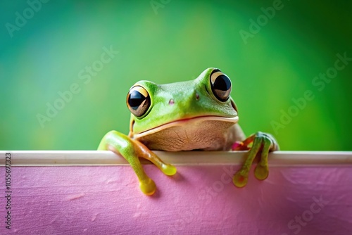 Green frog peeking over pastel bright background