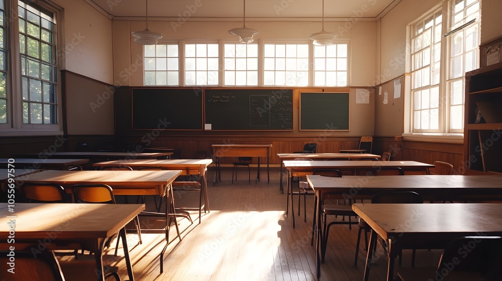 Empty High School Classroom with Desks and Windows Empty High School Classroom with Desks and Windows
