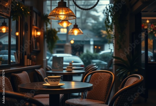 Cozy coffee shop ambiance with warm lighting