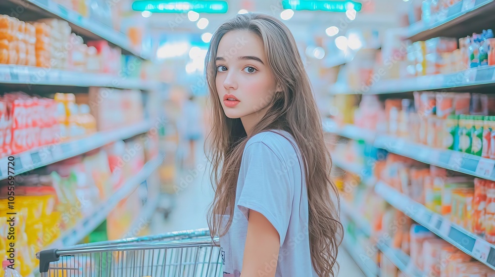 Supermarket aisle with fresh fruits in shopping cart, colorful produce shelves, retail scene Supermarket aisle with fresh fruits in shopping cart, colorful produce shelves, retail scene