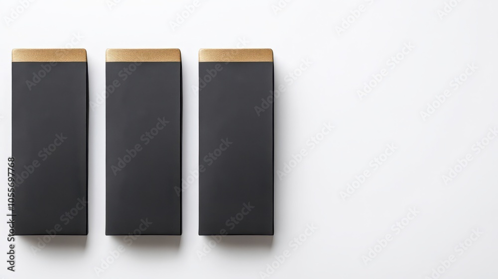 Three elegant black packages with golden tops are arranged neatly on a white surface, creating a minimalist and sophisticated look. Three elegant black packages with golden tops are arranged neatly on a white surface, creating a minimalist and sophisticated look.