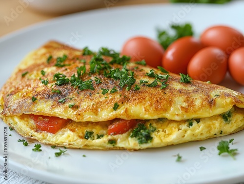 Delicious omelet with herbs and tomatoes, served with fresh cherry tomatoes on a white plate. Perfect for breakfast or brunch.