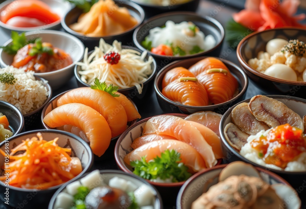A colorful array of sushi and japanese delicacies A colorful array of sushi and japanese delicacies