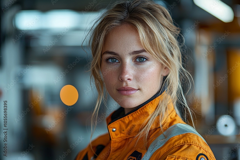 Fototapeta premium Confident female engineer in orange workwear with soft focus background