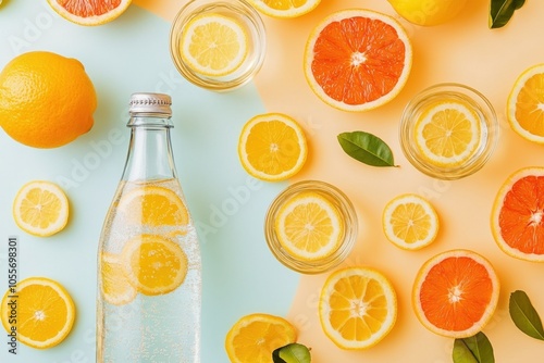 Top view of citrus-infused sparkling water in a glass bottle and glasses with orange and lemon slices, set on a pastel background with blank space for commercial text