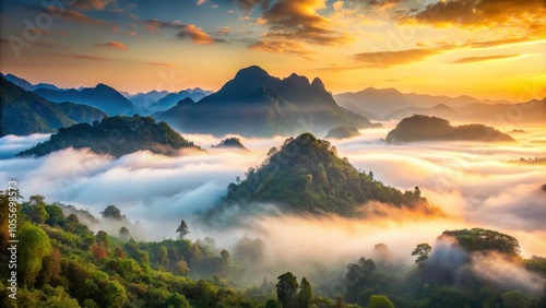 Morning mist hovering over the layered mountains of Sapan Nan, Thailand , Sapan Nan, Thailand, landscape, top view, morning, mist