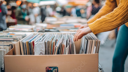 Hands browsing vinyl records in vintage store, denim jacket, retro music lover scene photo