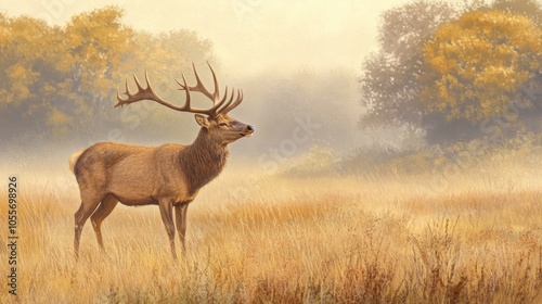 Majestic Deer in a Misty Meadow Landscape