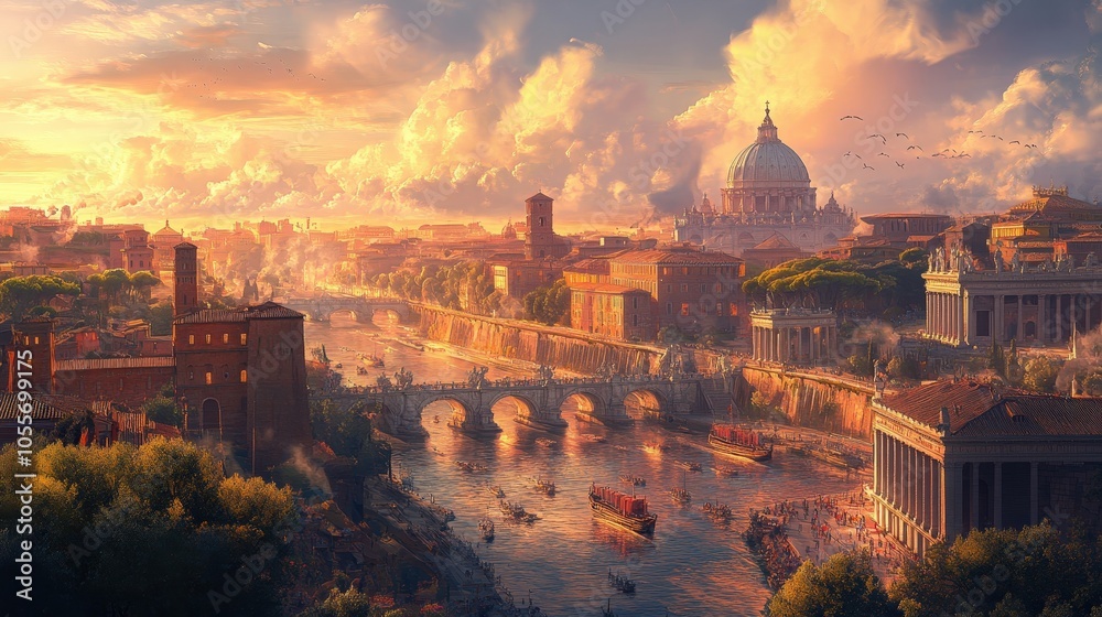 Fototapeta premium Stunning sunset landscape over a historic cityscape, showcasing majestic architecture, serene river, and vibrant sky.