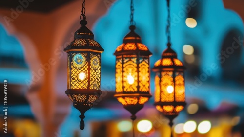 Illuminated traditional lanterns at dusk with intricate patterns