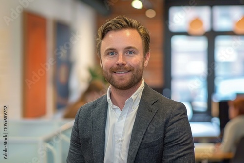 Young professional wearing a suit jacket smiling in a busy open plan office space