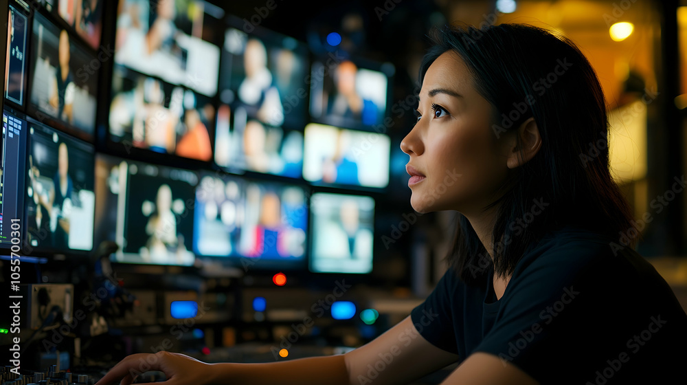 Television control room with female technician, video editing suite high-tech environment Television control room with female technician, video editing suite high-tech environment