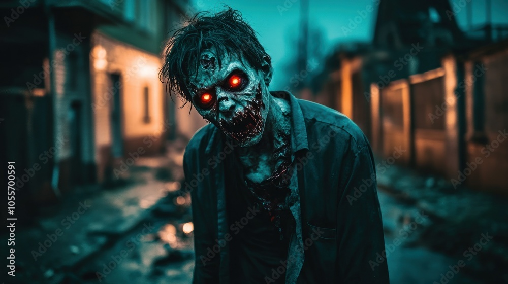 A zombie with glowing red eyes stands in a desolate urban setting. A zombie with glowing red eyes stands in a desolate urban setting.