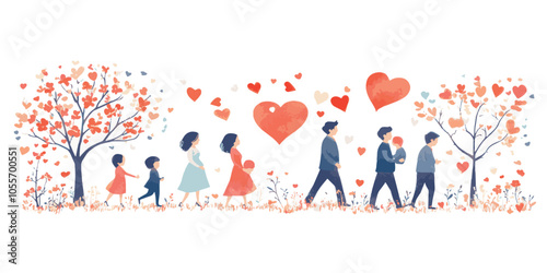 vector couple walking in the park with hearts and hearts