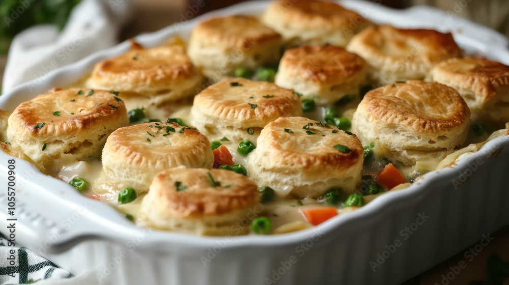 A baked dish featuring golden biscuits atop a creamy vegetable filling. A baked dish featuring golden biscuits atop a creamy vegetable filling.
