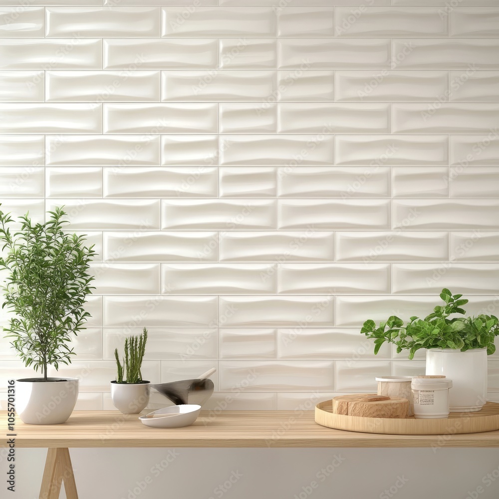 White textured glossy ceramic tiles wall with modern design in the kitchen. 3D rendering. White textured glossy ceramic tiles wall with modern design in the kitchen. 3D rendering.