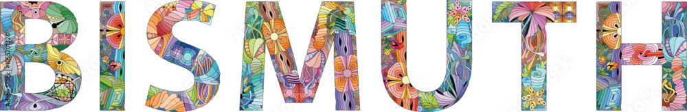 Word BISMUTH. It is a chemical element. Vector zentangle object for decoration Word BISMUTH. It is a chemical element. Vector zentangle object for decoration