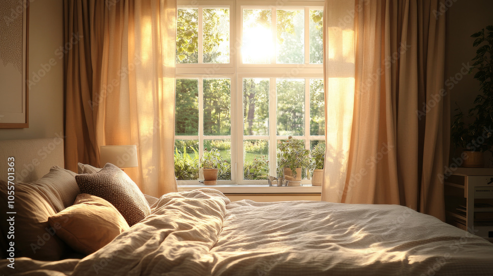 a cozy scandinavian adult bedroom in a photorealistic style. A large window with elegant beige eyelet curtains , soft light to fill the room in a late-afternoon glow. a cozy scandinavian adult bedroom in a photorealistic style. A large window with elegant beige eyelet curtains , soft light to fill the room in a late-afternoon glow.