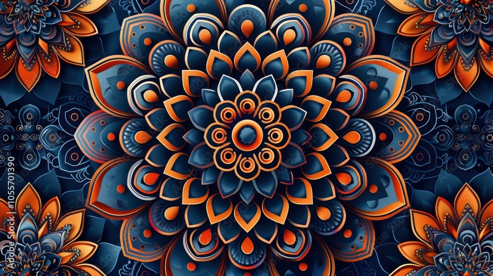 A repeating pattern of blue, orange, and red mandalas with intricate detail. A repeating pattern of blue, orange, and red mandalas with intricate detail.