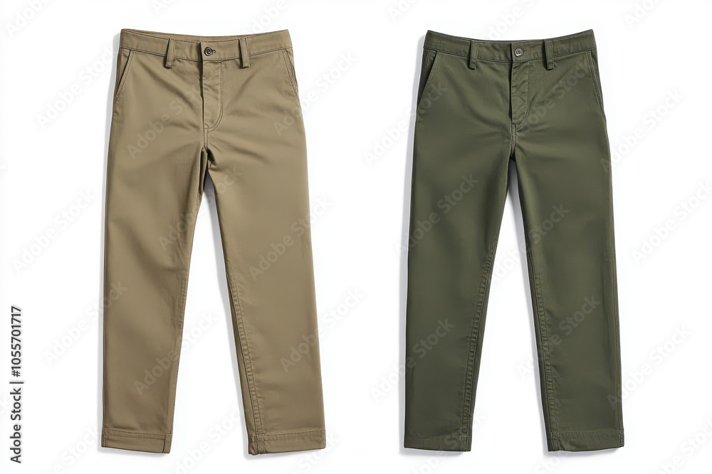 Green chinos mockup with front and back views on white background Green chinos mockup with front and back views on white background