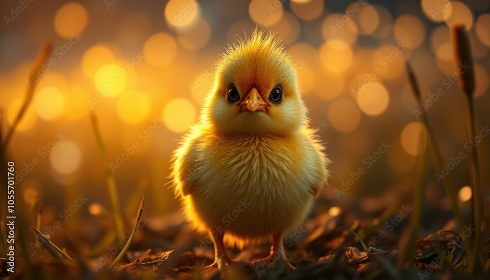 Charming yellow chick amidst bokeh glow Charming yellow chick amidst bokeh glow