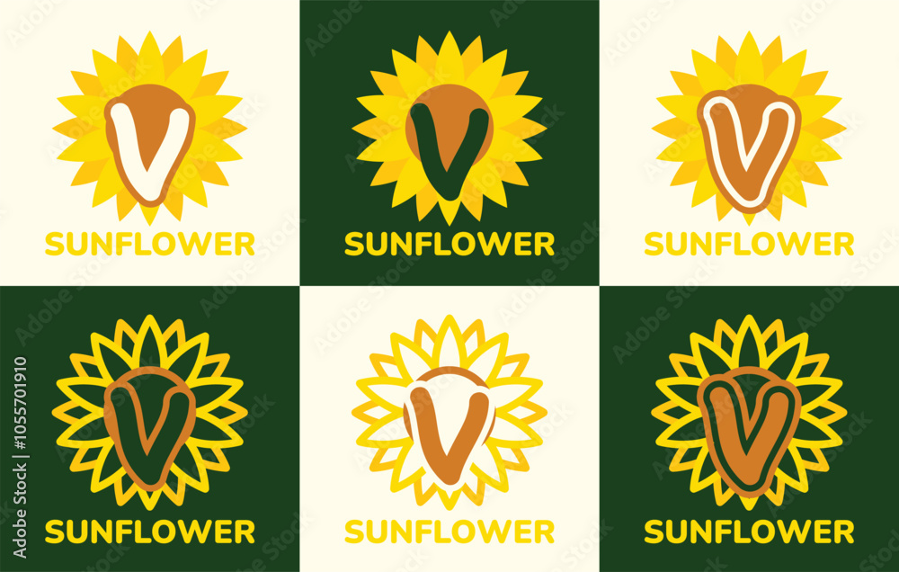 Fototapeta premium Set of letter V sunflower logo. This logo combines letters and sunflower shapes. Suitable for flower shops, flower farms, flower accessories shops and the like.