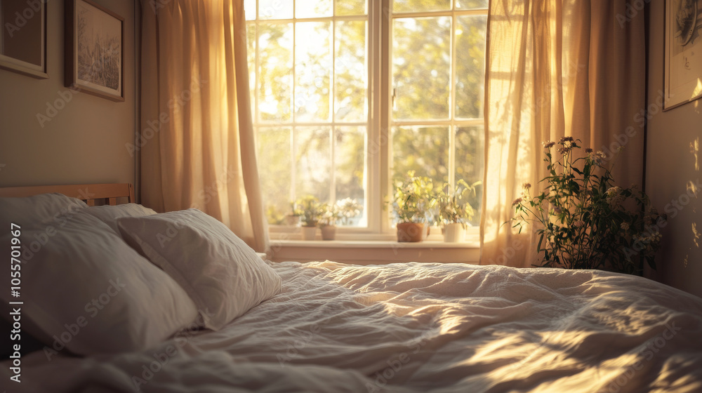 Fototapeta premium a cozy scandinavian adult bedroom in a photorealistic style. A large window with elegant beige eyelet curtains , soft light to fill the room in a late-afternoon glow. 