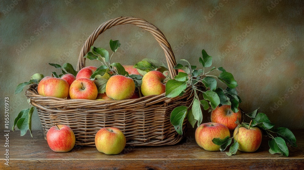 Fresh Apples in a Rustic Basket on Wooden Table Fresh Apples in a Rustic Basket on Wooden Table