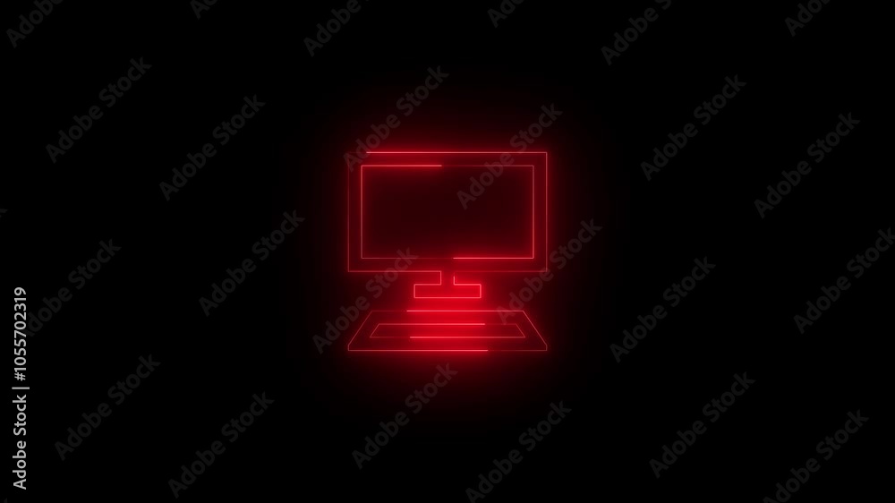 Neon this pc icon glowing black background animation Neon this pc icon glowing black background animation
