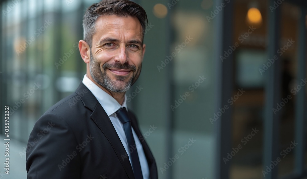 Confident businessman with friendly smile standing against office building Confident businessman with friendly smile standing against office building