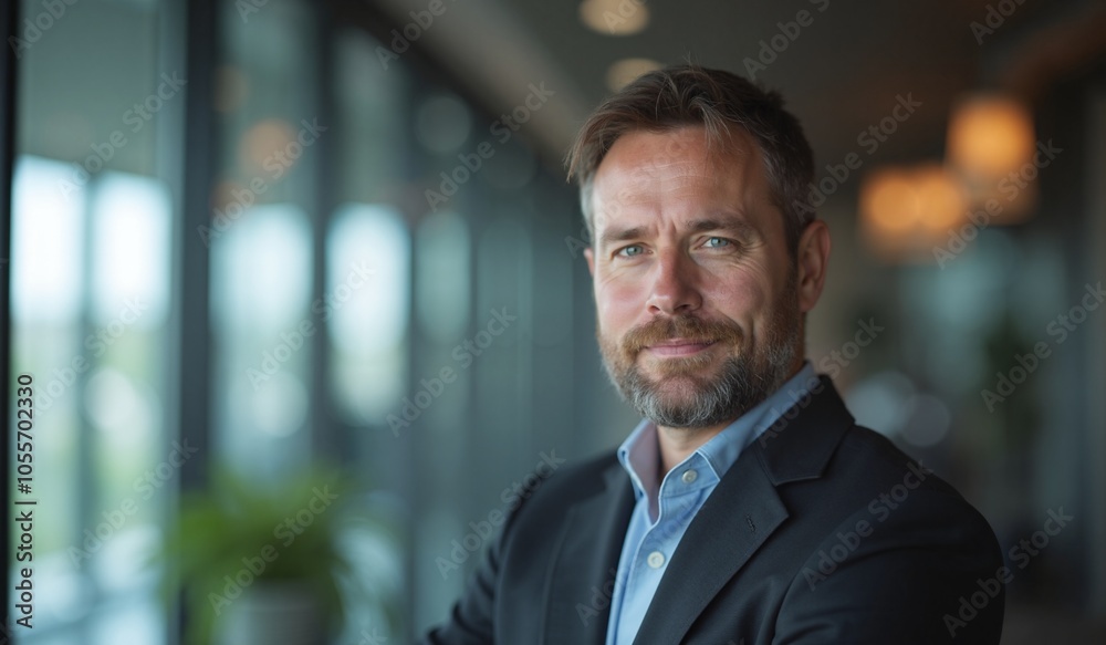 Confident businessman with beard smiling in modern office against blurred background Confident businessman with beard smiling in modern office against blurred background