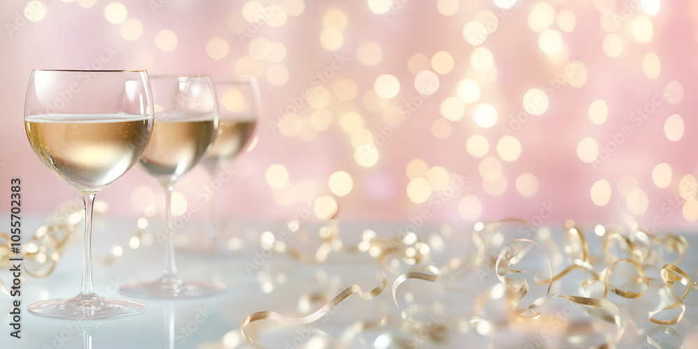 A Christmas card with golden champagne glasses, streamers A Christmas card with golden champagne glasses, streamers