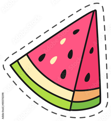 Cartoon drawing of a watermelon slice with black seeds, pink flesh, green rind, and a dotted cut line, suggesting it s a sticker or cutout.