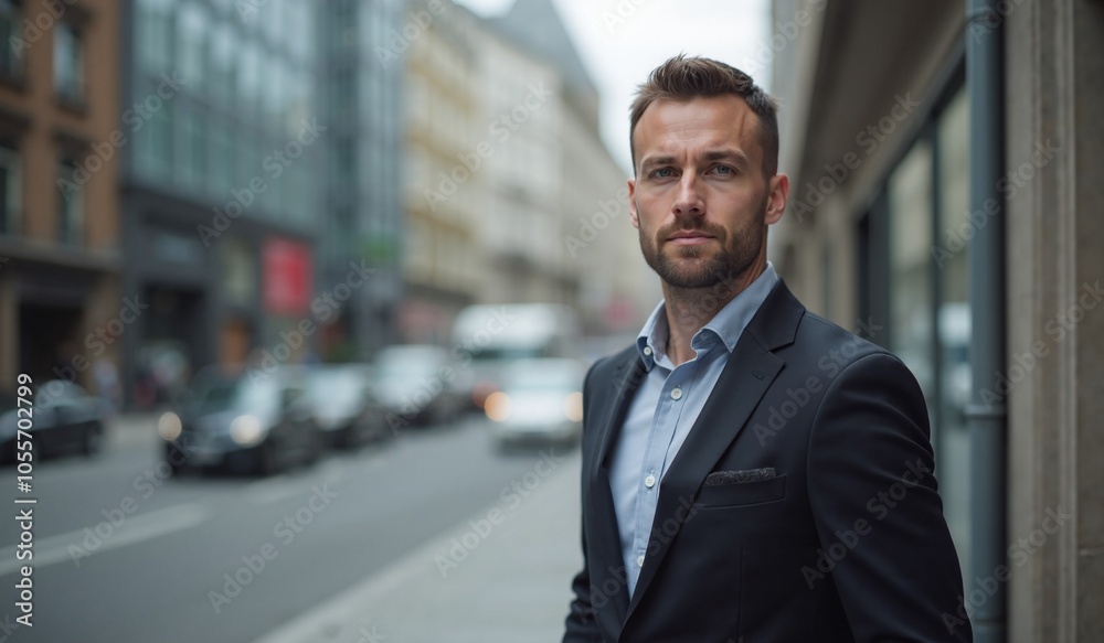Confident businessman with determined expression standing in urban street Confident businessman with determined expression standing in urban street