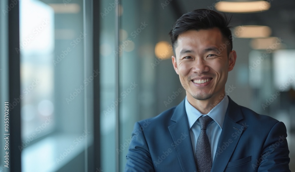 Asian businessman with confident smile in modern office against blurred background Asian businessman with confident smile in modern office against blurred background