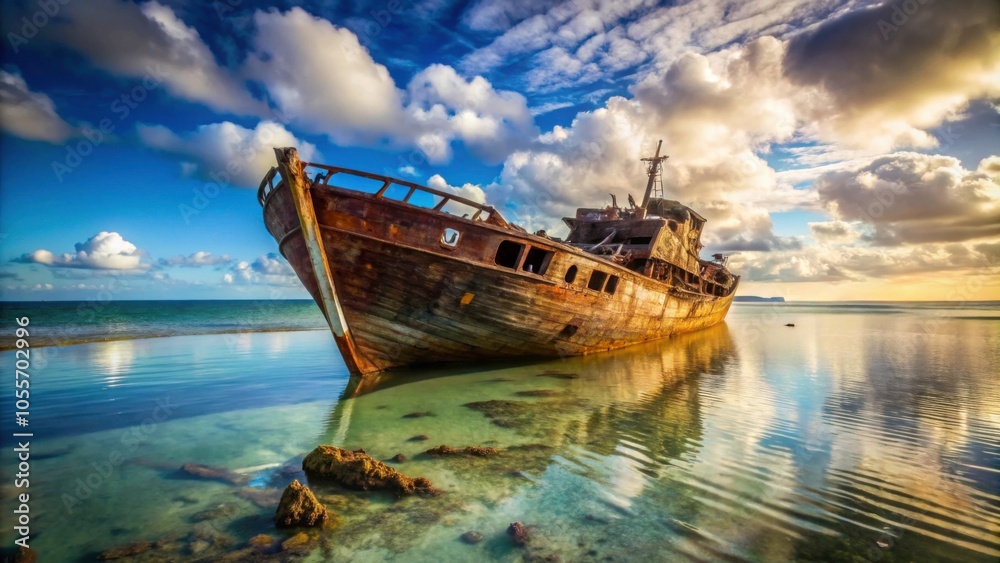 Shipwreck partially submerged in mud on a desolate shore, shipwreck, muddy, shore, wreckage, abandoned, weathered, rusted Shipwreck partially submerged in mud on a desolate shore, shipwreck, muddy, shore, wreckage, abandoned, weathered, rusted