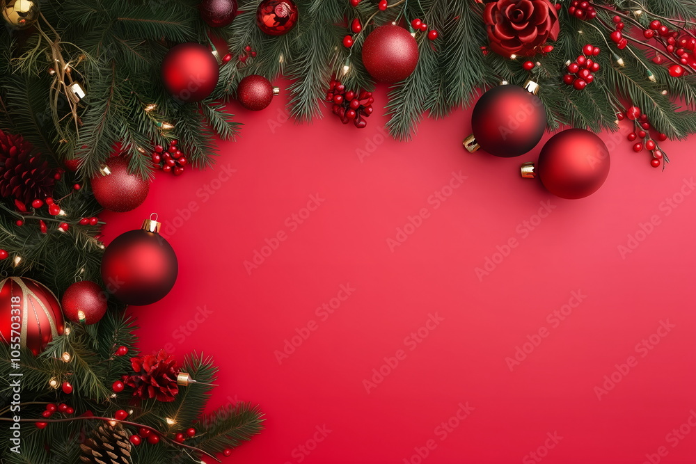 Red Christmas banner with copy space surrounded by xmas decorations Red Christmas banner with copy space surrounded by xmas decorations