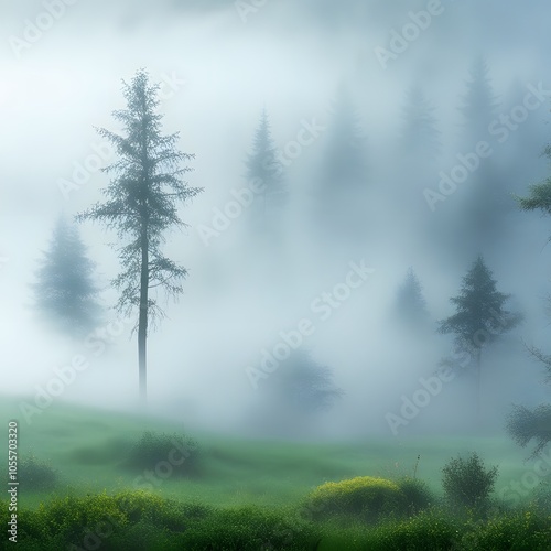 Beautiful shot of a fir tree forest covered with fog