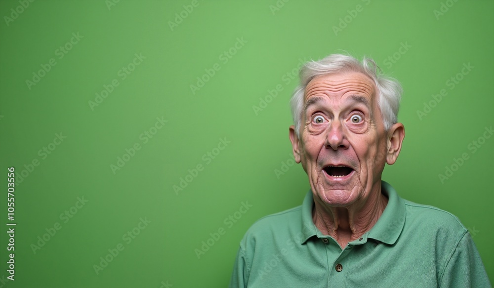 Senior man with surprised expression against green background with copy space Senior man with surprised expression against green background with copy space