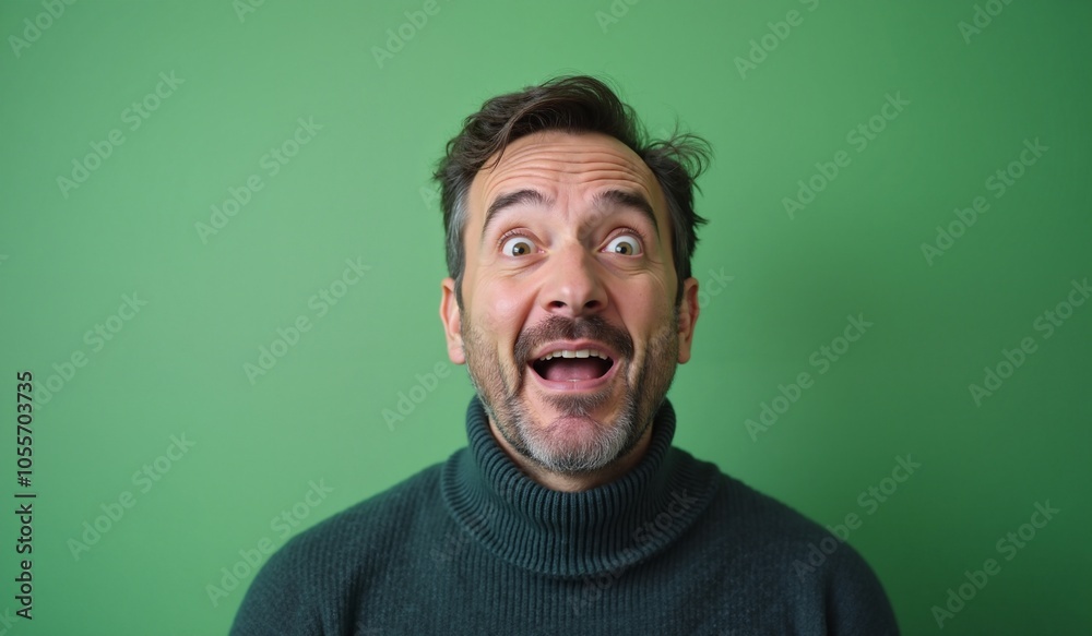 Fototapeta premium Man with surprised expression reacting enthusiastically against green background with copy space