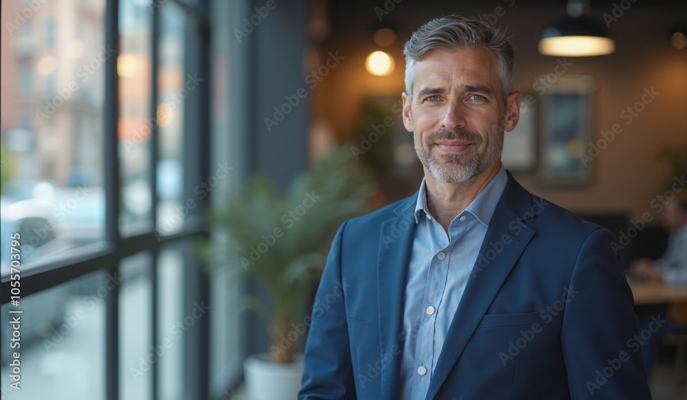 Fototapeta premium Confident businessman with friendly smile standing in modern office against window