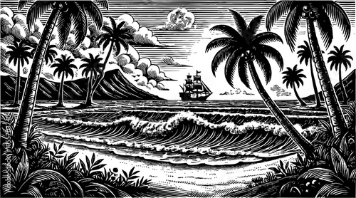 tropical beach island landscape with ship, water wave, palm tree, engraving black and white outline